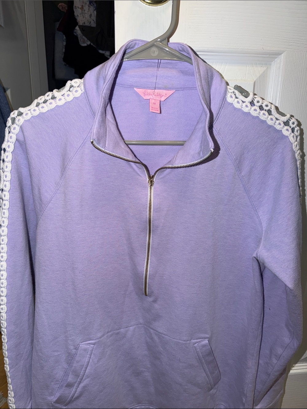 Lilly Pulitzer Lavender Half-Zip Sweatshirt w/White Crochet Shoulder Trim Sz Med